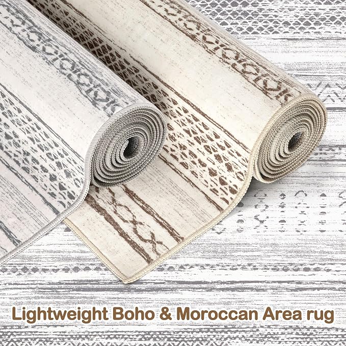 Area Rug Living Room Rugs - 10x14 Washable Large Soft Neutral Boho Moroccan Bohemian Farmhouse Rug Indoor Floor Carpet for Bedroom Under Dining Table Home Office Decor - Light Grey