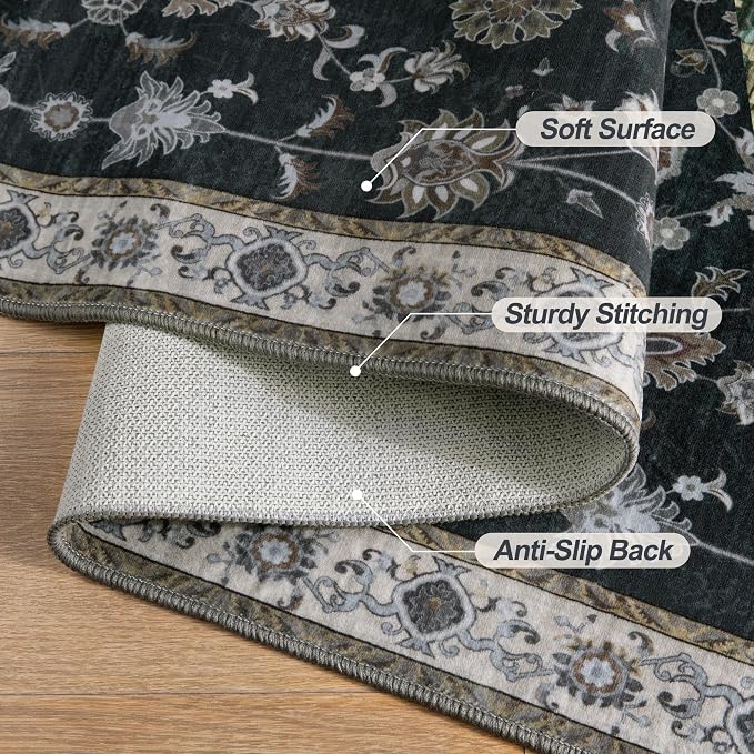 Tangsoo 2x5 Washable Runner Rugs for Hallway, Farmouse Non Slip Rug Runner | Vintage Soft Low Pile Rug Runner, Oriental Carpet Runners for Entryway Kitchen Bedroom Bathroom Living Room Black Home Decor