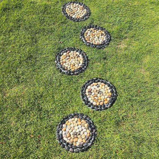 Garden Stepping Stones Outdoor,Pebble Stepping Stones for Garden Walkway,Decoration Polished River Rock for Yard, Pathway,Landscaping, 12 inch Round Decorative Stone Sheet Set 6pcs