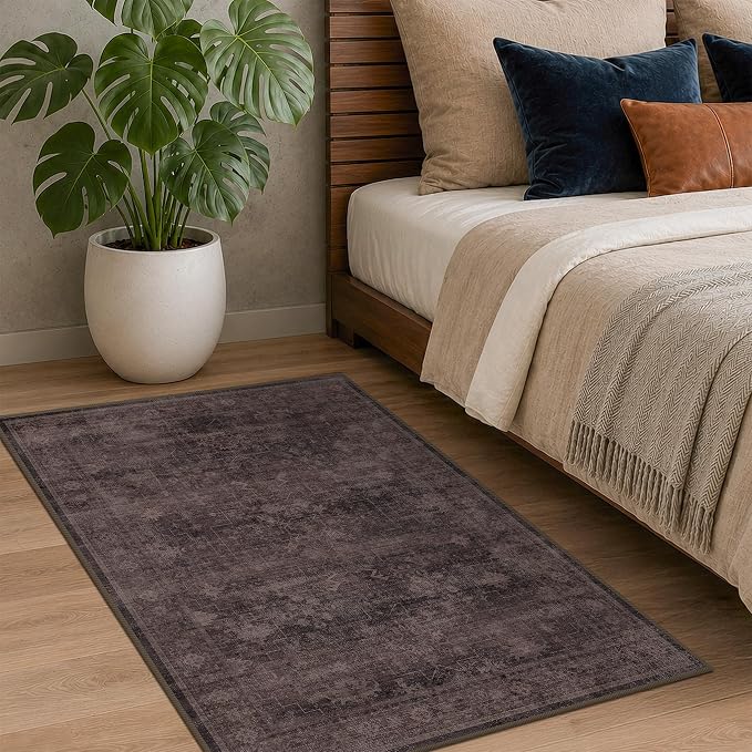 Machine Washable 3x4 Area Rug for Entryway, Kitchen, Bedroom & Laundry Room, Dark Taupe Brown Vintage Rug with Distressed Geometric Design, Low Pile Anti-Slip Backing, Stain & Fade Resistant