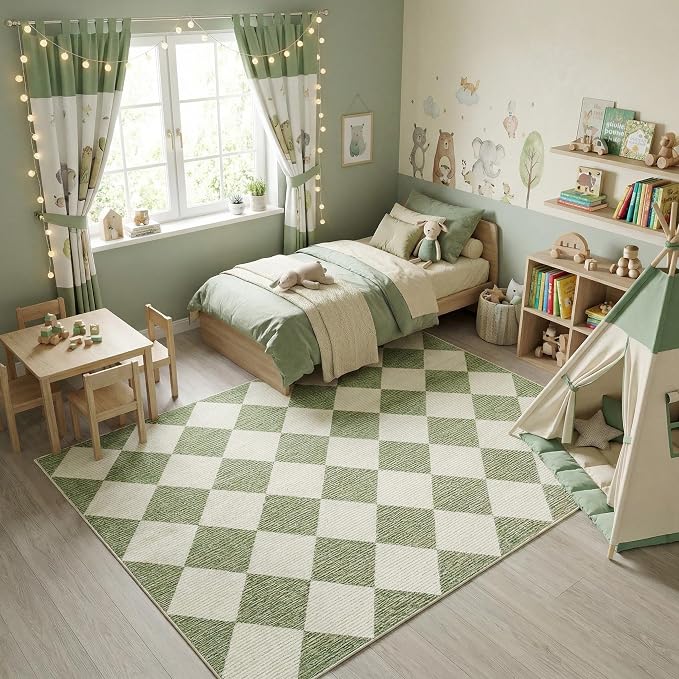 GarveeHome 4x6 Modern Checkered Area Rug Sage Green Washable Bedroom Rug | Soft Low Pile Non Slip Diamond Floor Mat Plaid Print Throw Rug Indoor Carpet for Nursery Room Dining Room Playroom