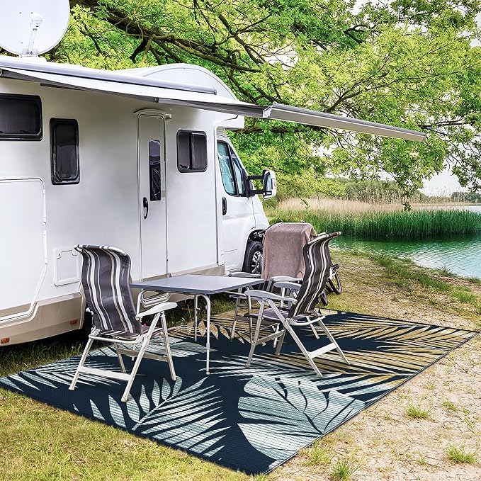 GENIMO Outdoor Rug 6' x 9' Waterproof for Patios Clearance, Reversible Outdoor Plastic Straw Camping Rug Carpet, Large Area Rugs Mats for RV, Camper, Deck, Balcony, Porch, Beach, Picnic, Yellow&Blue