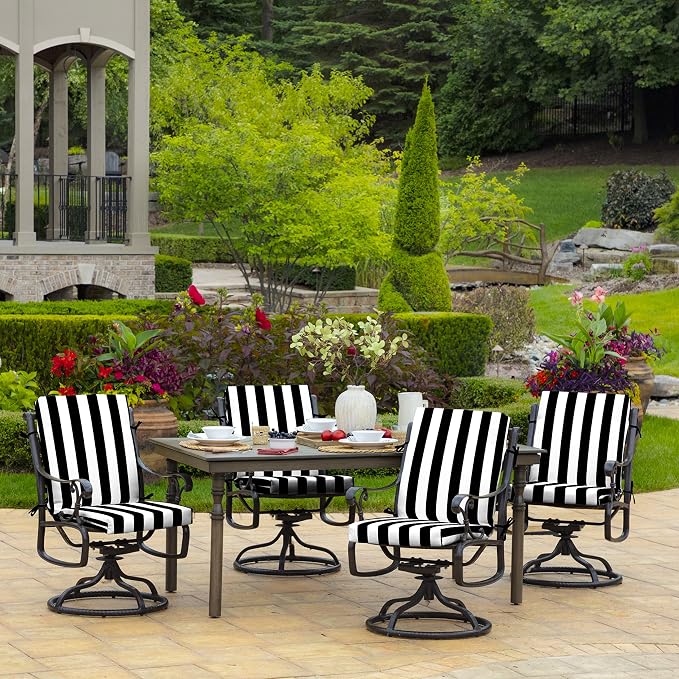 Arden 2-Pack Patio Dining Outdoor Chair Cushions, 20x44, Rain-Proof Seat Pad, Fade-Resistant Outdoor Black Cabana Stripe