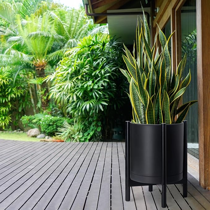 D'vine Dev Planter Pot with Stand - 16 Inch Plastic Cylinder Flower Pot with Wood Planter Holder for Indoor, Matte Black Pot + Ebony Stand, 55-C-Z-2