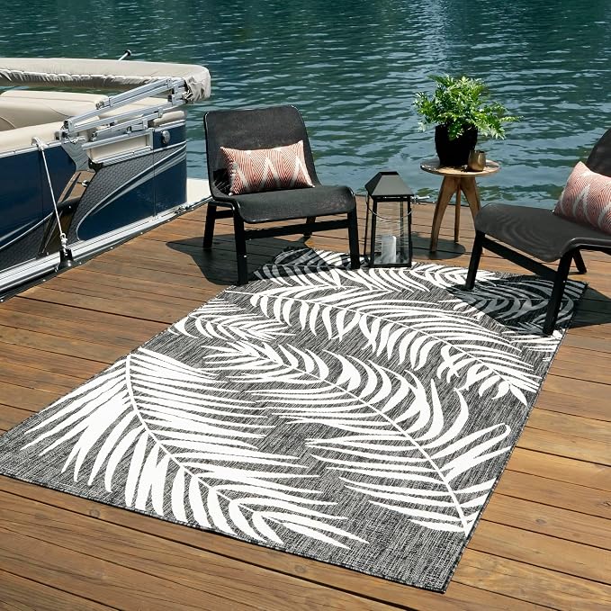 Unique Loom Outdoor Botanical Collection Area Rug - Palm (9' x 12' Rectangle, Charcoal/ Ivory)