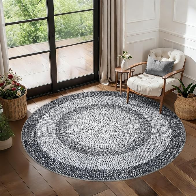 RUGSREAL Modern Bordered Round Area Rug 4ft Washable Bedroom Circle Rugs | Non Slip Stain Resistant Dining Room Round Throw Carpet Contemporary Circle Mats for Living Room Kitchen Nursery, Grey