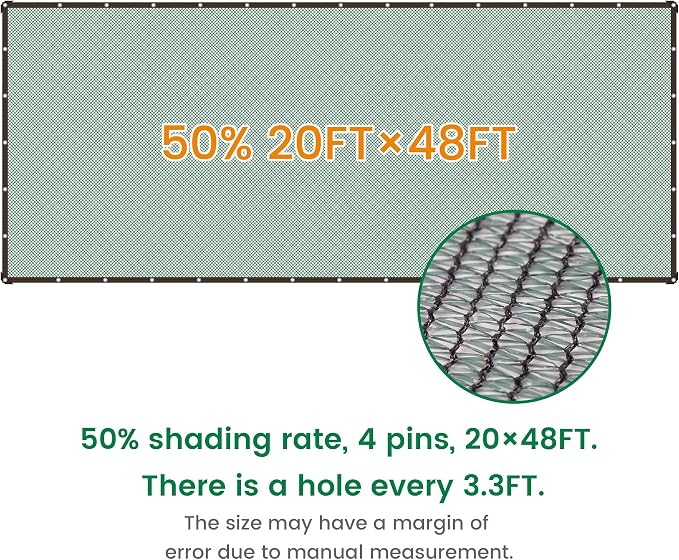 50% 20 X 48 FT Green Shade Cloth, Outdoor Woven Sun Shade with Grommets, Durable Breathable Netting Shading Antifreezing for Patio, Garden, DIY Home, Plants Cover, Greenhouse, Dog Kennel