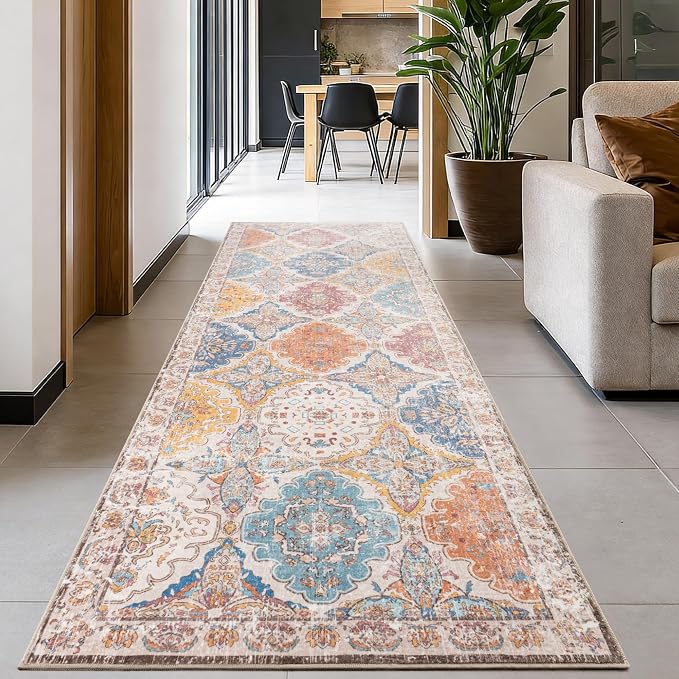 Moroccan Vintage Distressed Boho Geometric Colorful 2.7x8 Runner Rug | Floral Washable Non Slip Throw Floor Long Carpet Runner for Hallway Entryway Kitchen Bathroom Bedroom Livingroom Rug