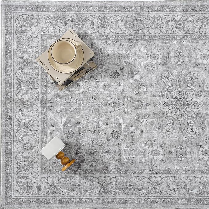 Gray 6x9 Washable Area Rug Living Room Vintage Distressed Carpet | Soft Low Pile, Non Slip, Stain Resistant, Large for Bedroom, Dining Room, Office, Kids Room, Retro Accent Decor