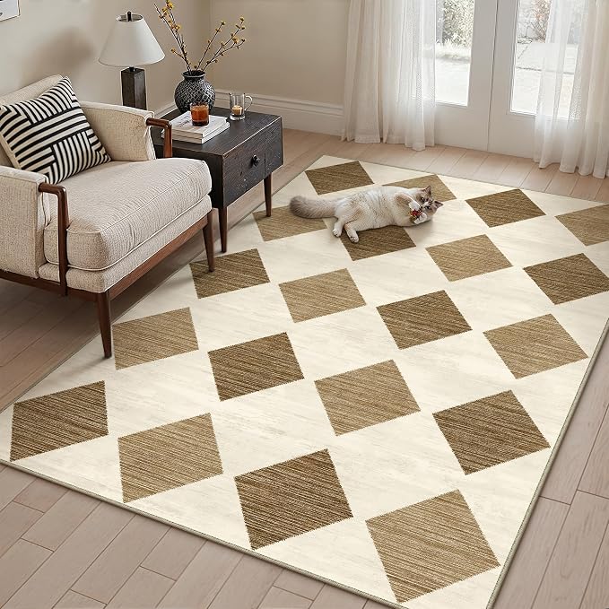 3x5 Checkered Area Rugs for Living Room Brown Machine Washable Large Rug Non-Slip Stain Resistant Low Pile Boho Accent Indoor Throw Carpet for Office Bedroom Dining Room Classroom
