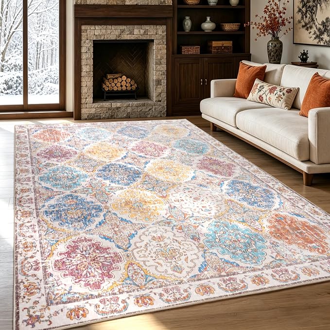 Moroccan Boho Floral Geometric Patchwork Washable 8x10 Large Rug | Vintage Distressed Non Slip Throw Carpet for Bedroom Livingroom Kitchen Hallway Entryway Office Dining Room Docer, Colorful