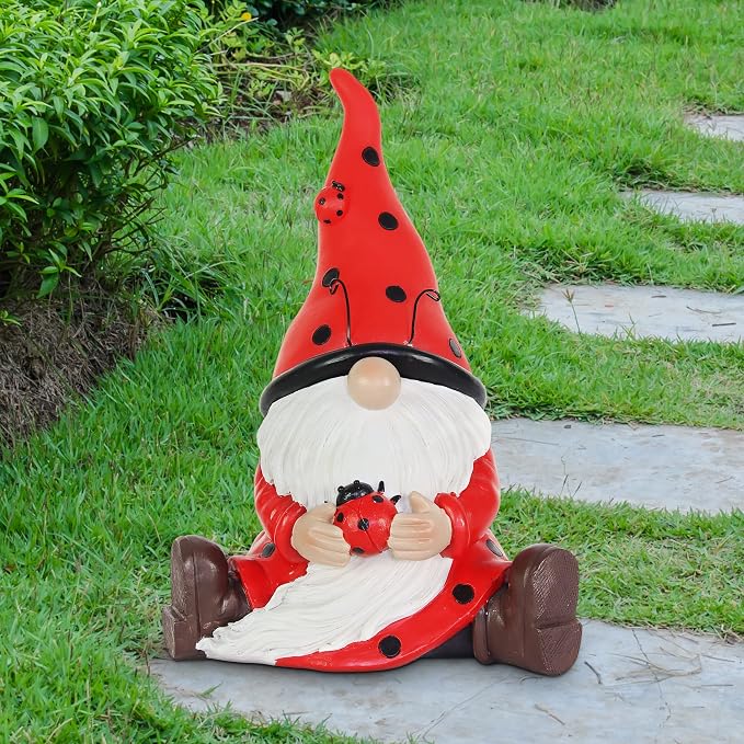 Exhart Garden Gnome, Ladybug Red Hat Solar Garden Statue Sculpture with Lady Bug, 4 LED Lights, Outdoor Lawn and Yard Decoration, 5.5 x 7 x 9.5 Inch