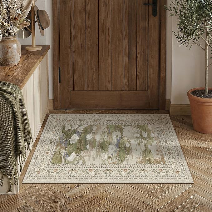 Beige Area Rug 2x3 Entryway Vintage Floral Non-Slip Door Mat | Machine Washable, Soft, Low Pile, Distressed, for Kitchen, Hallway, Bathroom, Impressionist Farmhouse Decor