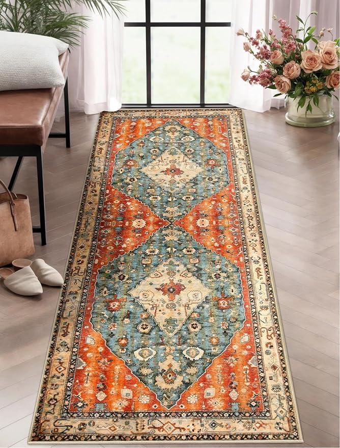 SERISSA 2x5 Washable Non Slip Boho Runner Rug for Hallway | Ultra Soft Vintage Oriental Carpet Low-Pile Distressed Tribal Floor Carpet for Kitchen Bedroom Bathroom Laundry Living Room