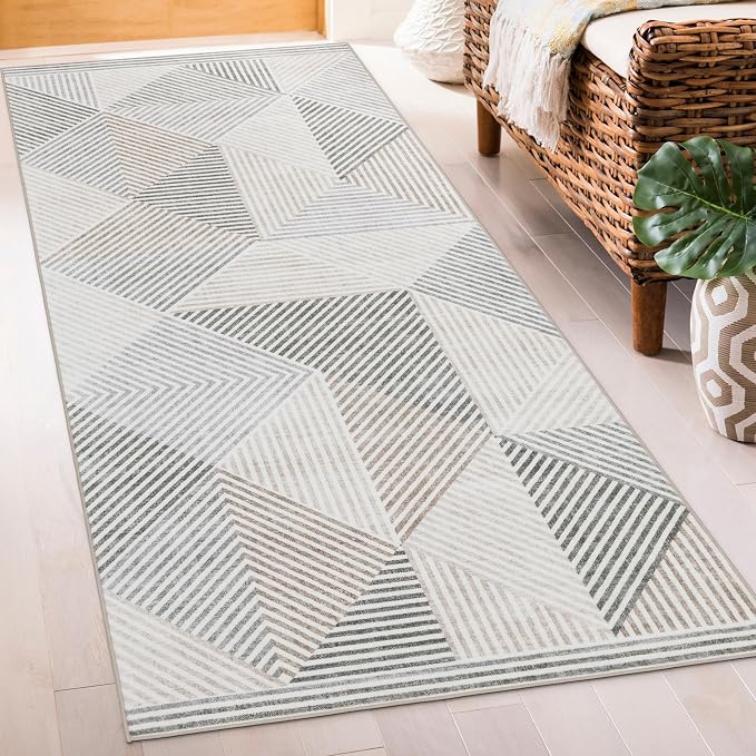Machine Washable Area Rug Runner - Living Room Bedroom Bathroom Kitchen Entryway Office - Padded Low Pile Stain Resistant Premium - Modern Geometric Contemporary - Miles - Beige 2'6"x6'
