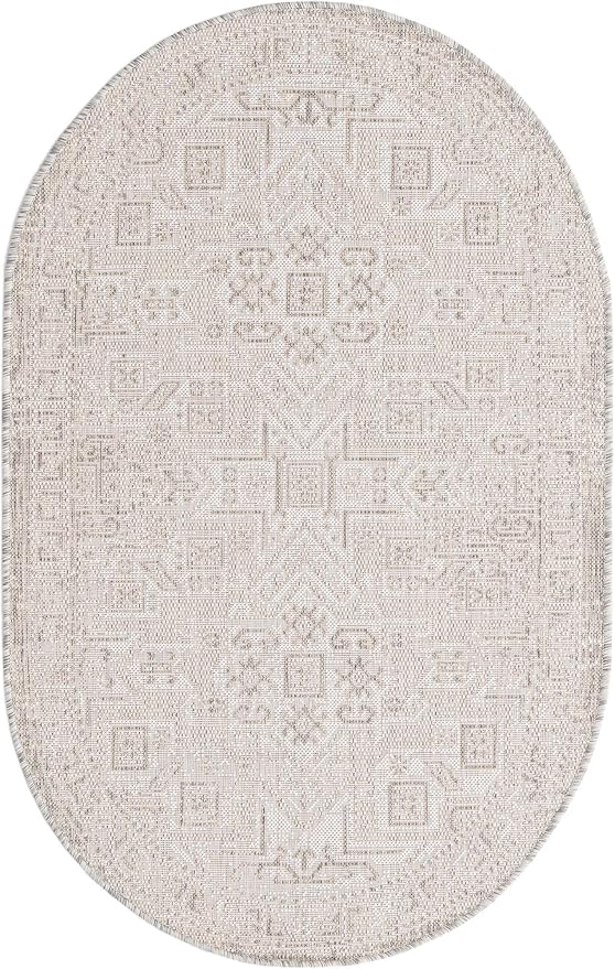 Unique Loom Outdoor Aztec Collection Area Rug - Coba (3' 3" x 5' 3" Oval, Light Gray/ Ivory)