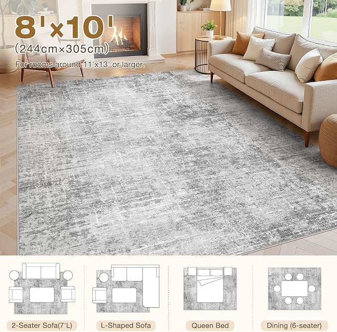 kakania 8x10 Washable Area Rug - Abstract Soft Non-Slip Modern Low-Pile Carpet for Living Room Bedroom Office Dorm, Kid Pet Safe Robot Vacuum Friendly - Grey White | Soft, Non-Slip, Low-Pile, Pet & Kid Friendly - Large Modern Home Decor Carpet for Bedr...