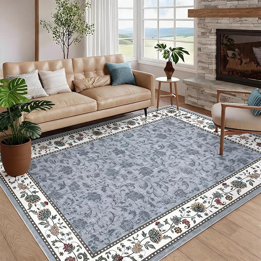 Garvee 8x10 Vintage Floral Washable Rugs for Living Room Bedroom Rug | Grey Boho Border Area Rug Stain Resistant Easy Cleaning Throw Rugs Low Pile Floor Cover for Nursery Dining Room Apartment