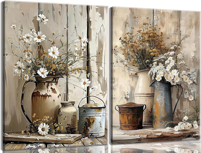 Rustic Farmhouse Daisy Canvas Wall Art Vintage Country Floral Posters Print Flower Still Life Botanical Pictures Painting White Jasmine Flowers And Rust Color Watering Can Wall Decor Unramed