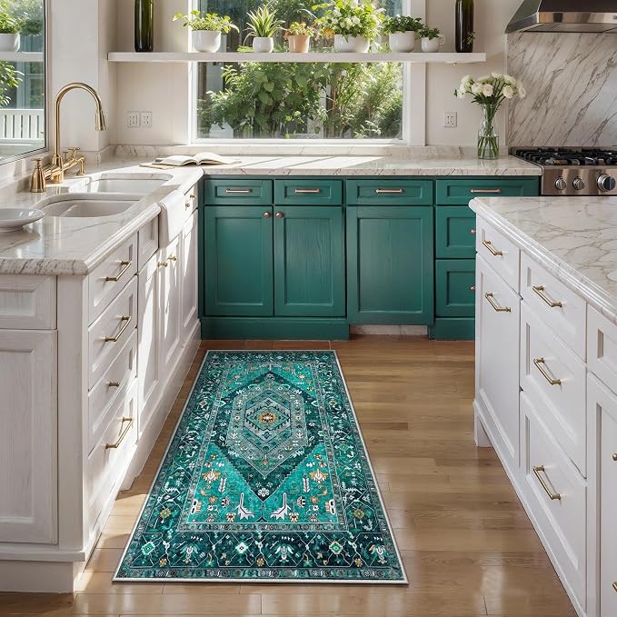 SERISSA 2x4 Washable Non Slip Boho Runner Rug for Entryway，Teal | Ultra Soft Vintage Oriental Carpet Low-Pile Tribal Entrance Carpet for Kitchen Bedroom Hallway Laundry Room Bathroom