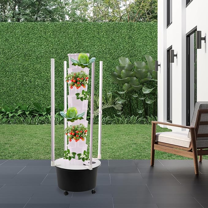8 Tier Hydroponic Growing Tower with Led Grow Lights Water Pump, 48 Planting Pots Vertical Garden Indoor Outdoor Automatic Water Circulation System, Locking Wheels for Home, Patio, Balcony