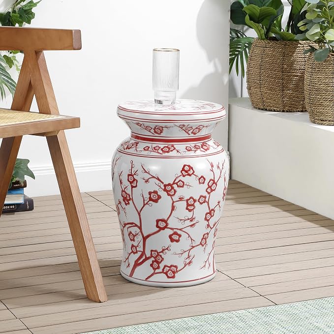JONATHAN Y Cherry Blossom 18" Ceramic Chinoiserie Garden Stool, Traditional Floral Accent Side Table and Plant Stand for Indoor/Outdoor Garden, Patio, Living Room, Red/White TBL1016B