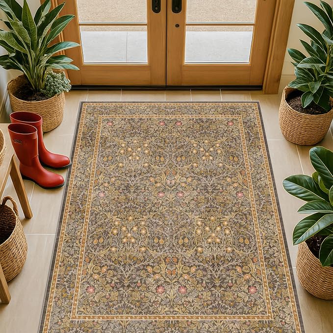 Vintage Brown 3x6 Runner Rugs for Large Entryway, Bedroom Bedside Rug, Kitchen, Laundry Room, Non-Slip Low Pile Ultra Soft Stain Resistant Small Floral Carpet