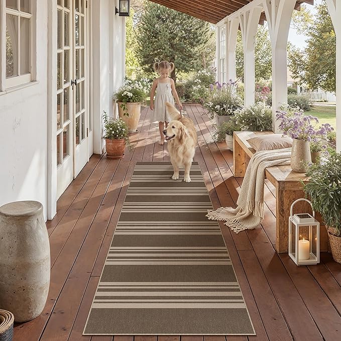 PureCozy Striped Easy Jute 2x6 Kitchen Runner Rug Brown Washable Carpet for Hallway Non Slip Farmhouse Neutral Non Shedding Indoor Outdoor Long Rug Bathroom Bedroom Laundry Entryway