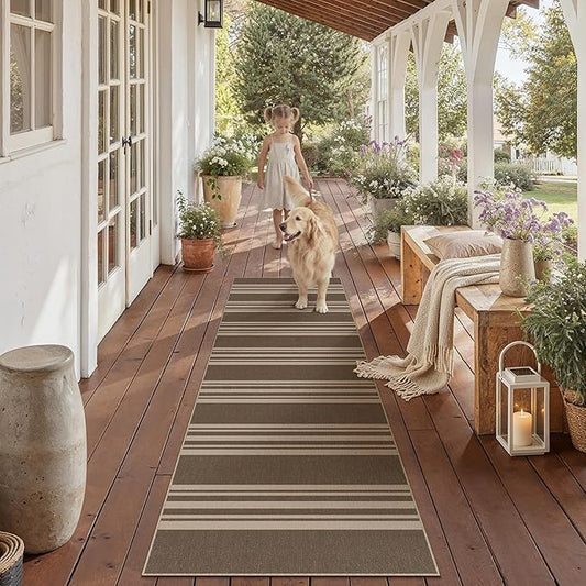 PureCozy Striped Easy Jute 2x6 Kitchen Runner Rug Brown Washable Carpet for Hallway Non Slip Farmhouse Neutral Non Shedding Indoor Outdoor Long Rug Bathroom Bedroom Laundry Entryway