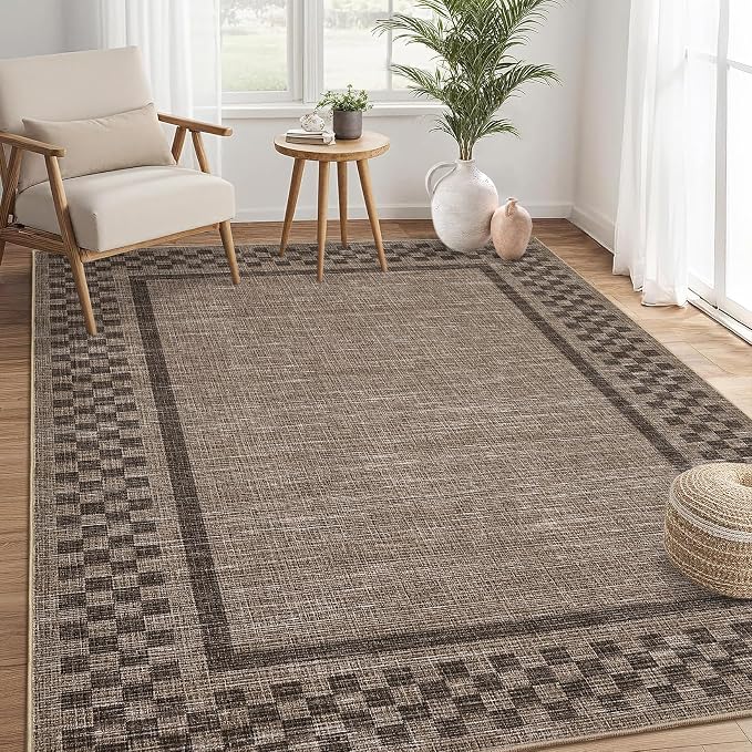 GarveeHome Modern Bordered 9x12 Washable Area Rugs for Living Room Bedroom | Soft Large Bedroom Throw Carpet Non Slip Checkered Geometric Rugs for Dining Room Home Decor Office, Brown