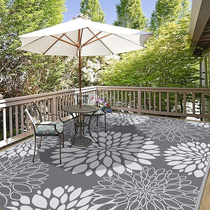 Ileading Waterproof Outdoor Rug 9x12, Reversible Plastic Straw Patio Rug, Portable Indoor Outdoor RV Camping Mat Carpet for Deck, Porch, Balcony, Backyard, Picnic, Floral Grey