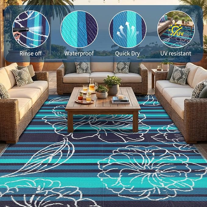 Garvee 5x8 Outdoor Waterproof Rug, Floral Outdoor Area Rug，Reversible Plastic Straw Patio Rug, Portable Camping Mat for RV, Picnic, Beach, Balcony, Garden & Camping Black&Blue