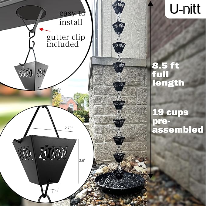 U-nitt Rain Chain Water Collection for Gutters Rainwater Catcher & Diverter, 8.5 FT Chains for Outside Garden, Black Square Cups, Roof Downspout, Works with Heavy Rain, w/Gutter Clip for Rainchains
