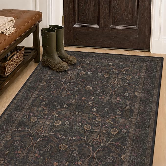 Washable 4x6 Brown Rugs for Entryway, Rustic Carpet for Living Room Office, Bedroom, Large Entryway, Funky Dark Academia Rug with Botanical Design