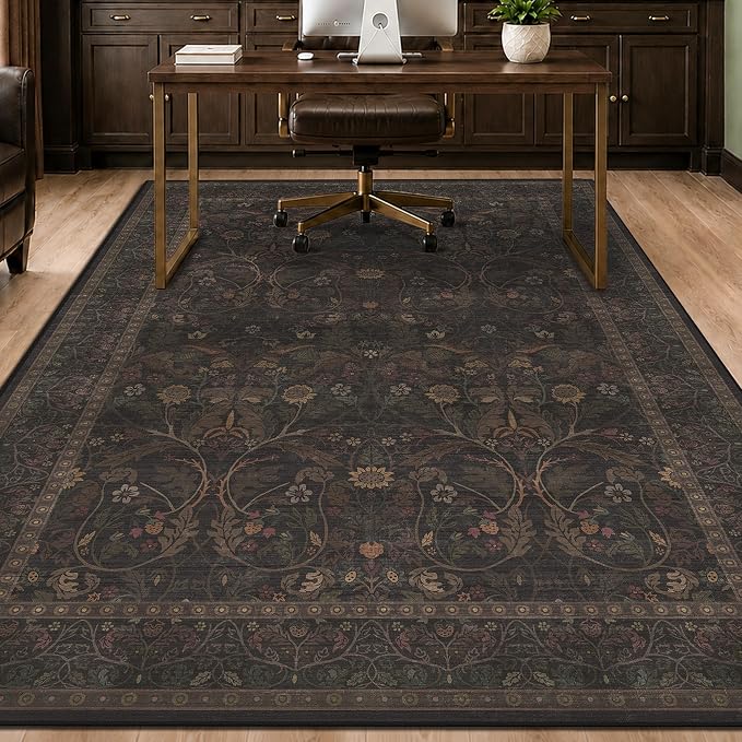 Washable 5x7 Dark Brown Rug for Office Living Room, Low Pile Soft Area Rugs for Bedroom, Traditional Home Décor, Non Slip Floral Woodland Funky Dark Academia Carpet with tan Coffee Accents