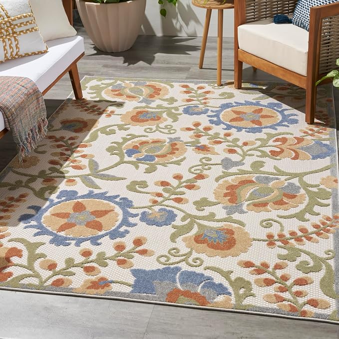 Nourison Home Aloha Ivory Blue 6' x 9' Area Rug - Easy Clean, Non Shedding, Bed Room, Living Room, Dining Room, Kitchen (6' x 9')