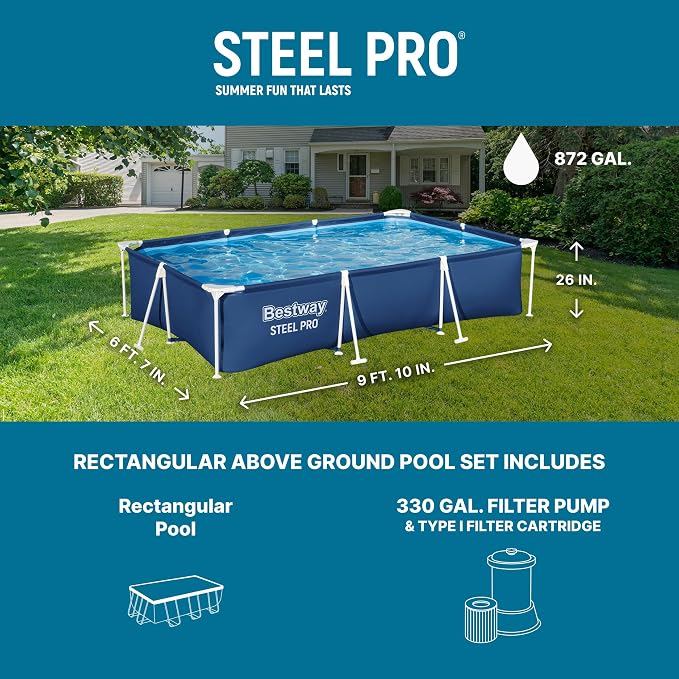 Bestway Steel Pro 9.8' x 6.6' x 26" Above Ground Pool, Rectangular Metal Frame Outdoor Swimming Pool Set with Filter Pump & Type I Cartridge, Blue