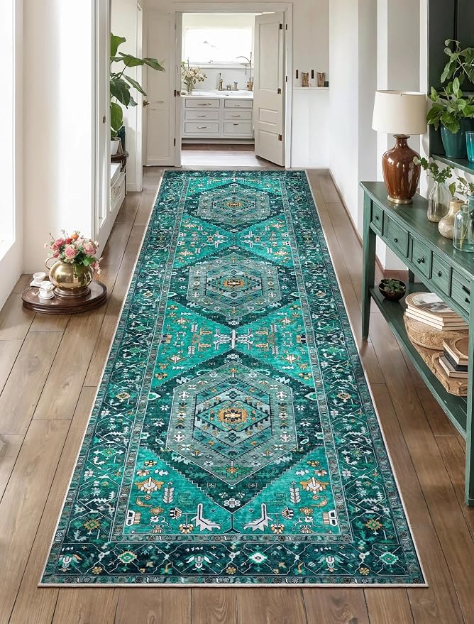 SERISSA 2'6"x8' Washable Non Slip Boho Runner Rug for Hallway，Teal | Ultra Soft Vintage Oriental Carpet Low-Pile Distressed Tribal Floor Carpet for Kitchen Bedroom Bathroom Laundry Room