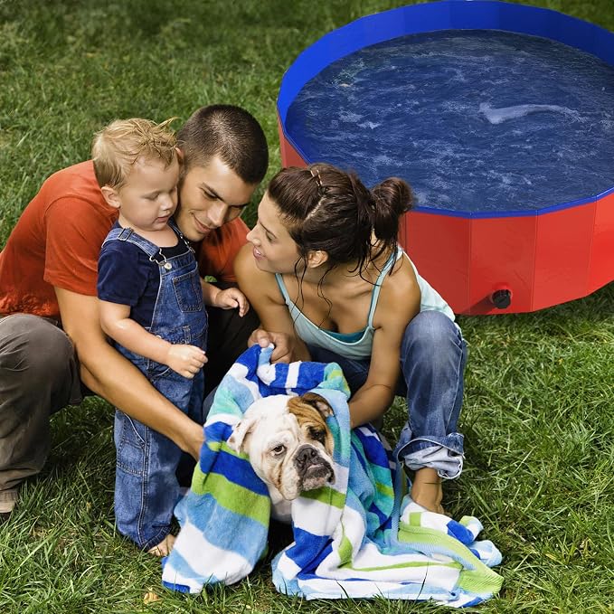 Foldable Dog Pool - 30.5x12in Pet Pool - Durable PVC Outdoor Pool with Drain for Grooming, Bathing, or Play - Kiddie Pool for Dogs by PETMAKER (Red)