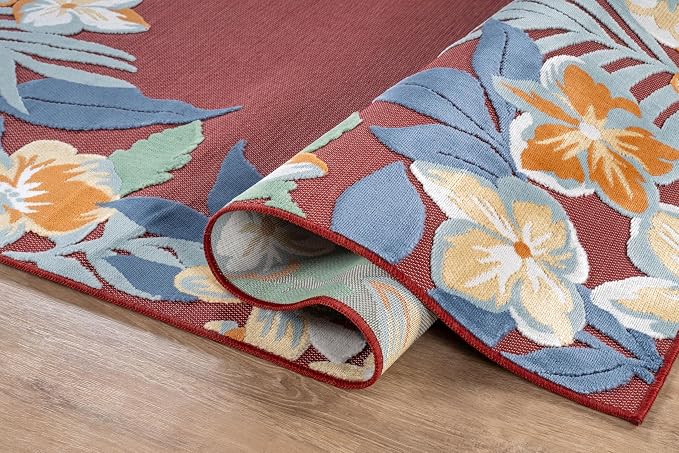 Outdoor Rug 6x9 Washable Area Rugs Indoor Outdoor Carpets Red Border Floral Non Shedding Waterproof Easy Clean Patio Deck Porch Living Room Bedroom Garden RV (6 X 9 Red)