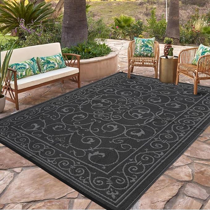 Garvee 9x12 Outdoor Rug for Patio Plastic Straw Rug Waterproof Reversible Mat Lightweight Foldable Carpet Easy Clean Large Rugs for Patio Porch Backyard Camping RV Beach Balcony Deck Vintage Black