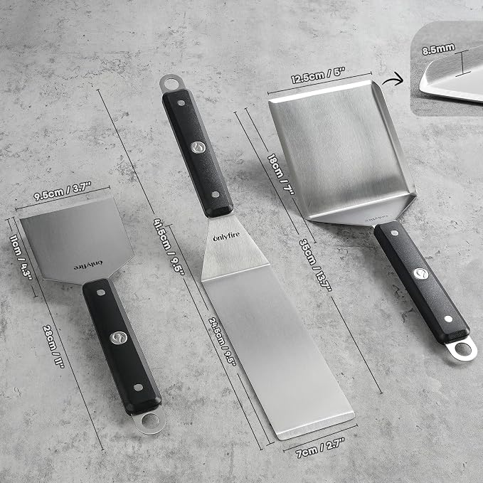 onlyfire BBQ Spatula Set for Camping/Backyard BBQ - Heavy Duty Stainless Steel Griddle Accessories Kit with Enlarged Spatula, Scraper and Long Spatula - Set of 3