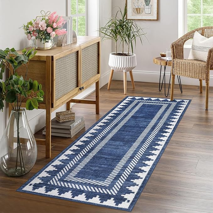 GarveeHome Modern Geometric Runner Rug 2x6 Washable Hallway Runner Bordered Neutral Bathroom Rug Non Slip, Non Shedding Stain-Resistant Kitchen Mat, Soft Low Pile Neutral Carpet for Laundry, Blue