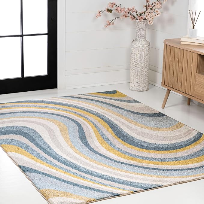JONATHAN Y Flow Abstract Swirl Indoor Area Rug 8x10, Blue/Mustard/Gray, Modern, Coastal, Easy-Cleaning for Living Room, Bedroom, Kitchen, Pet Friendly, Non-Shedding (DZC100C-8)