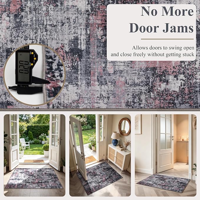 Sasttie 2x8 Runner Rug, Modern Abstract Hallway Carpet, Black & Pink | Machine Washable, Ultra-Soft Faux Wool, Low Pile, Non-Slip, Thin, for Entrance, Entryway, Kitchen & Laundry Room