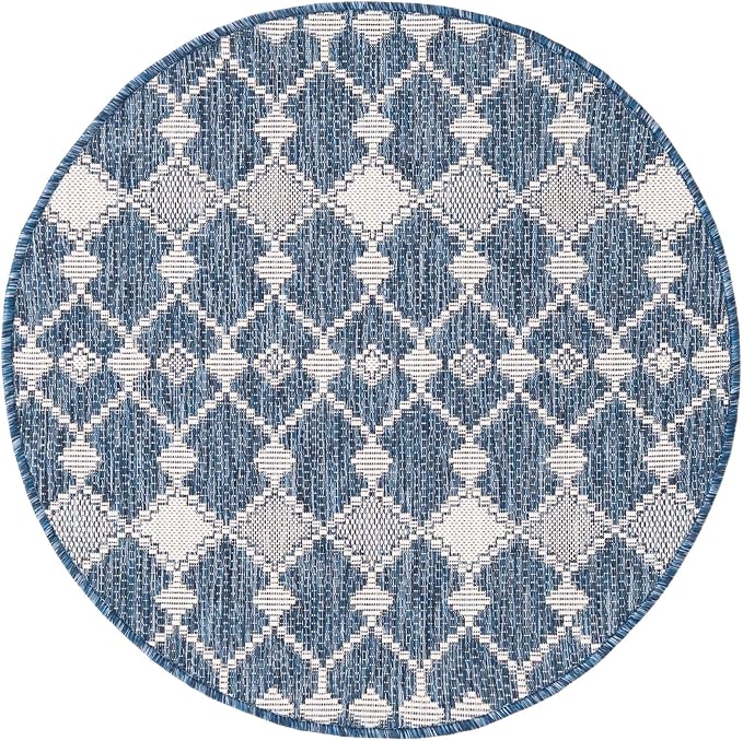 Unique Loom Outdoor Trellis Collection Area Rug - Traliccio (3' Round, Blue/ Ivory)