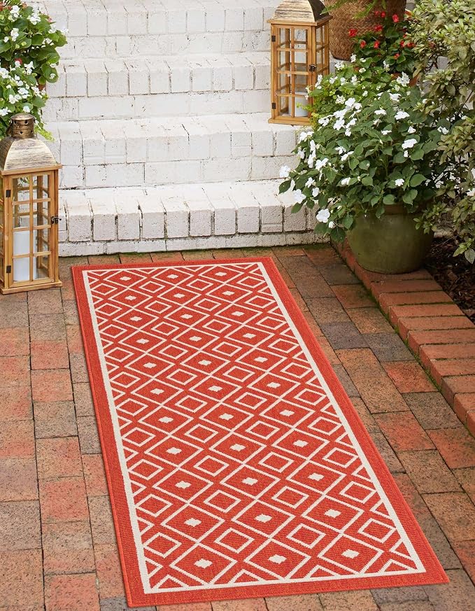 Unique Loom Outdoor Trellis Collection Area Rug - Kafes (2' x 8' Runner, Rust Red/ Ivory)
