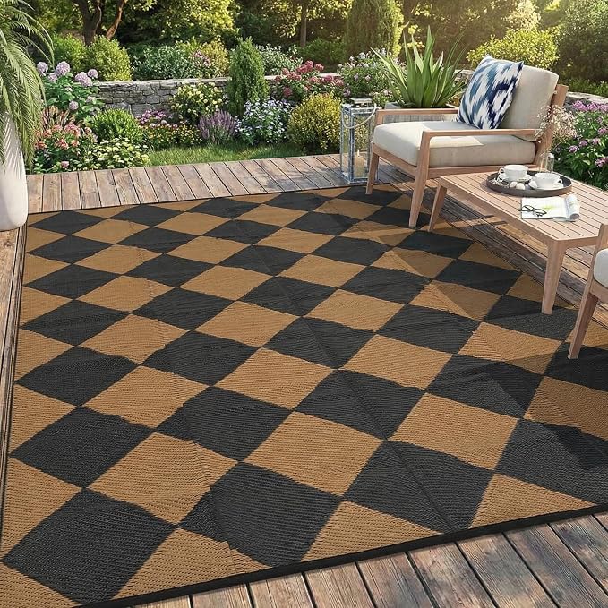 Garvee Outdoor Rug 9x18 Outdoor Patio Rug Reversible Plastic Straw Rugs Waterproof Foldable Mat Easy Clean Lightweight Carpet for Backyard Camping Porch RV Beach Balcony Deck Picnic Checkered Brown