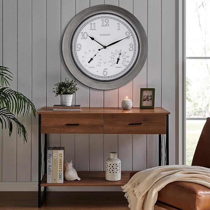 CLXEAST 18 Inch Farmhouse Illuminated Outdoor Atomic Wall Clock with Thermometer & Hygrometer Combo, Night Lighted Wall Clock with Smart Sensor,Brushed Grey Oak Finish