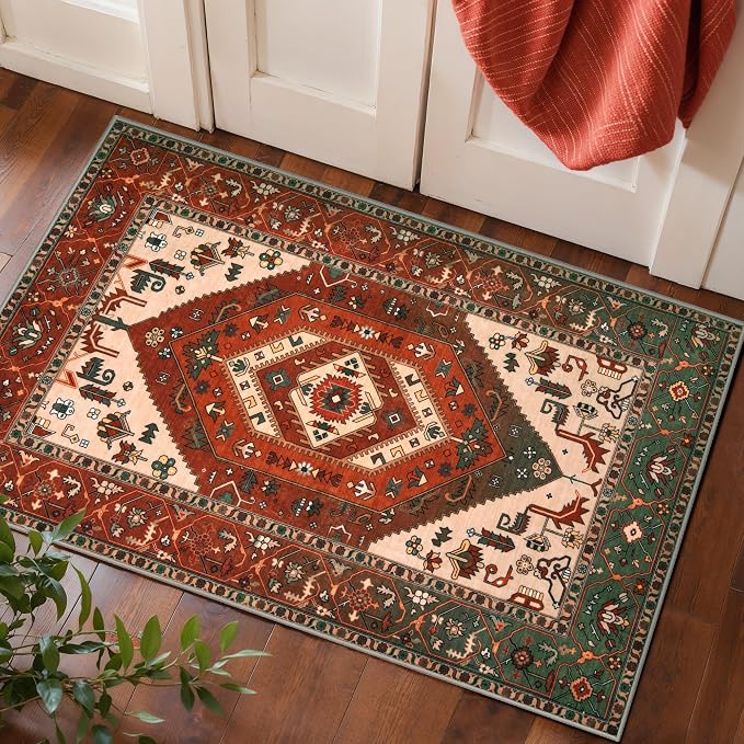 SERISSA 2x3 Washable Non Slip Boho Small Area Rug for Entryway | Ultra Soft Vintage Oriental Carpet Low-Pile Terracotta Green Indoor Mat for Bedroom Kitchen Bathroom Entrance Floor